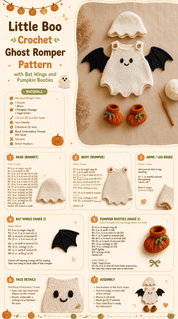 Little Boo: A Crochet Ghost Romper with Bat Wings and Pumpkin Booties