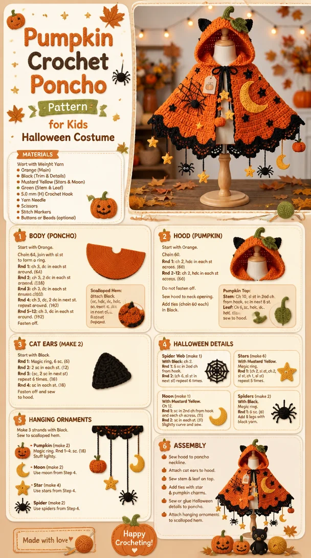 Pumpkin Moon Poncho: A Whimsical Crochet Halloween Cape for Kids